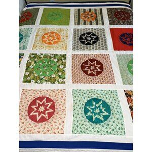Starburst Patchwork Quilt Pinwheel Hand Stitched Vibrant Colors 75 x 81" Super